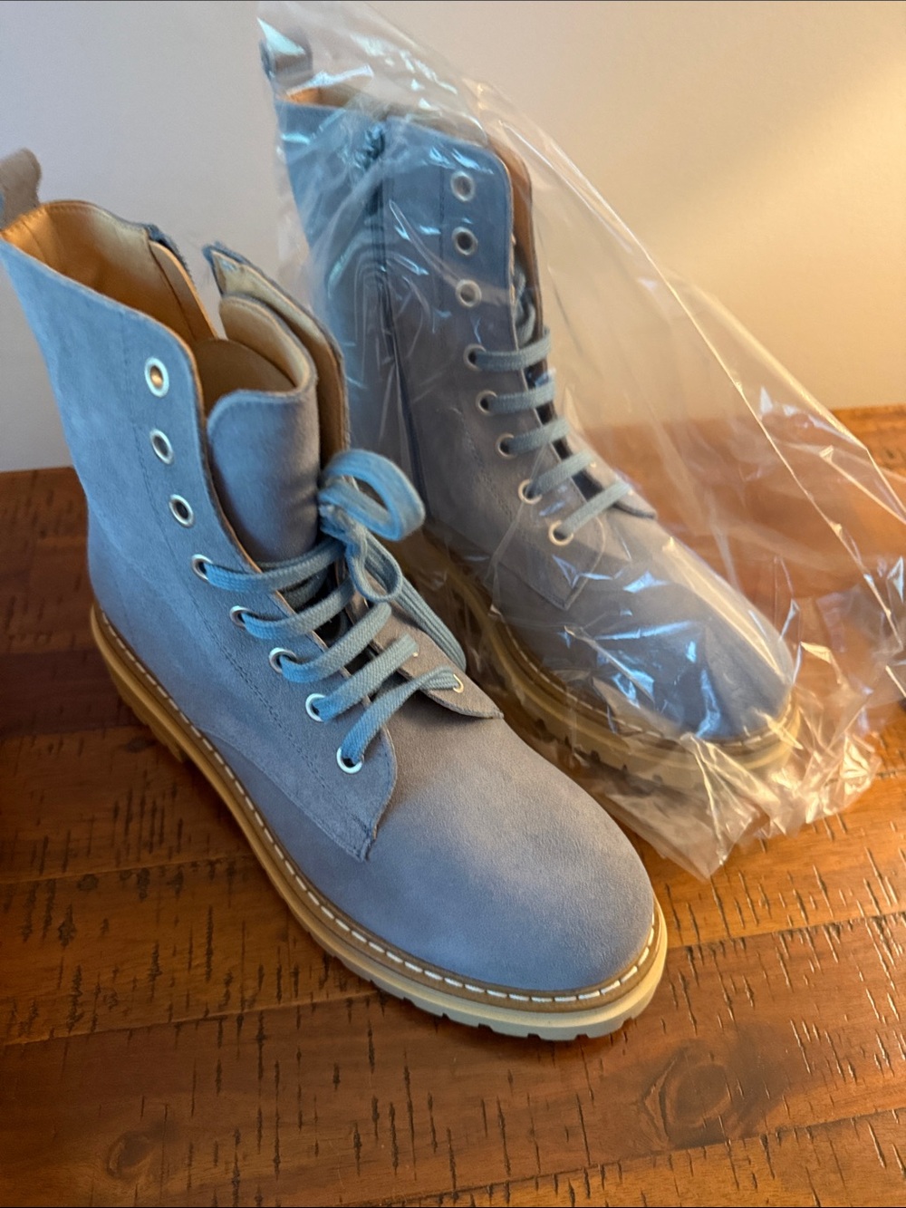 Anthropologie blue suede chunky hiker boots